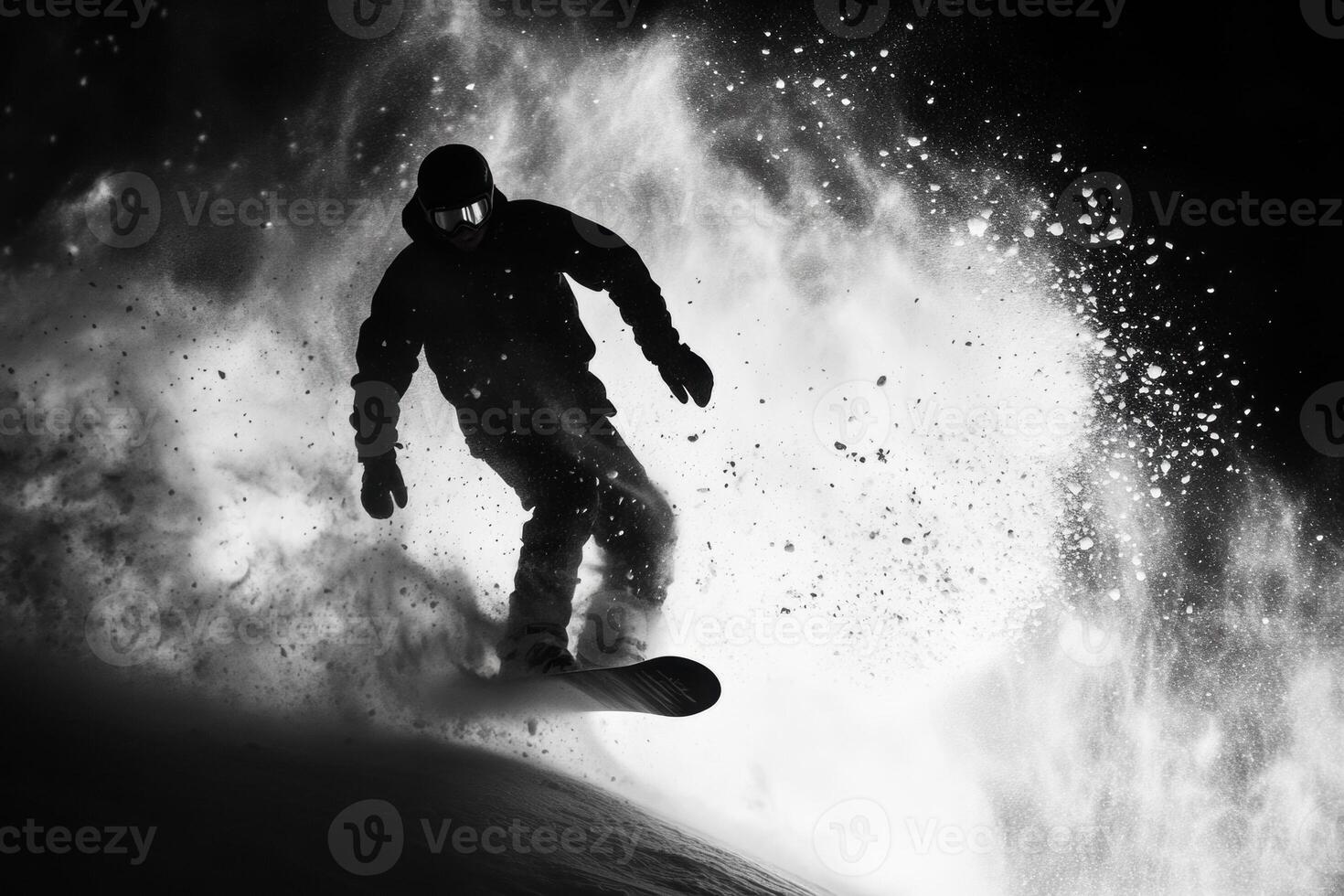 Snowboarder doing a trick and splashing snow on a slope photo