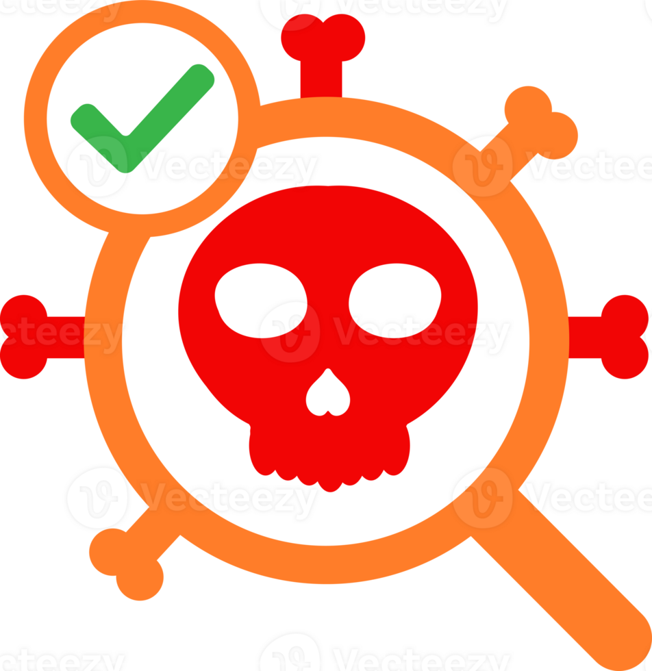 magnifying glass icon with skull and check mark png