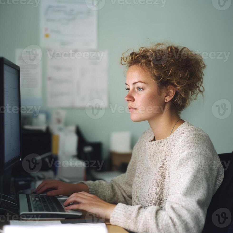 Portrait of a young businesswoman working on computer at office. Business and working. Employee at work photo