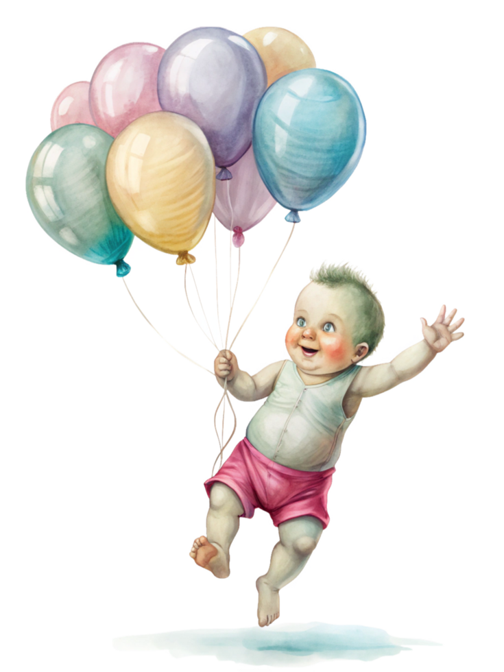 Flying Baby Soaring with Balloon Bouquet png