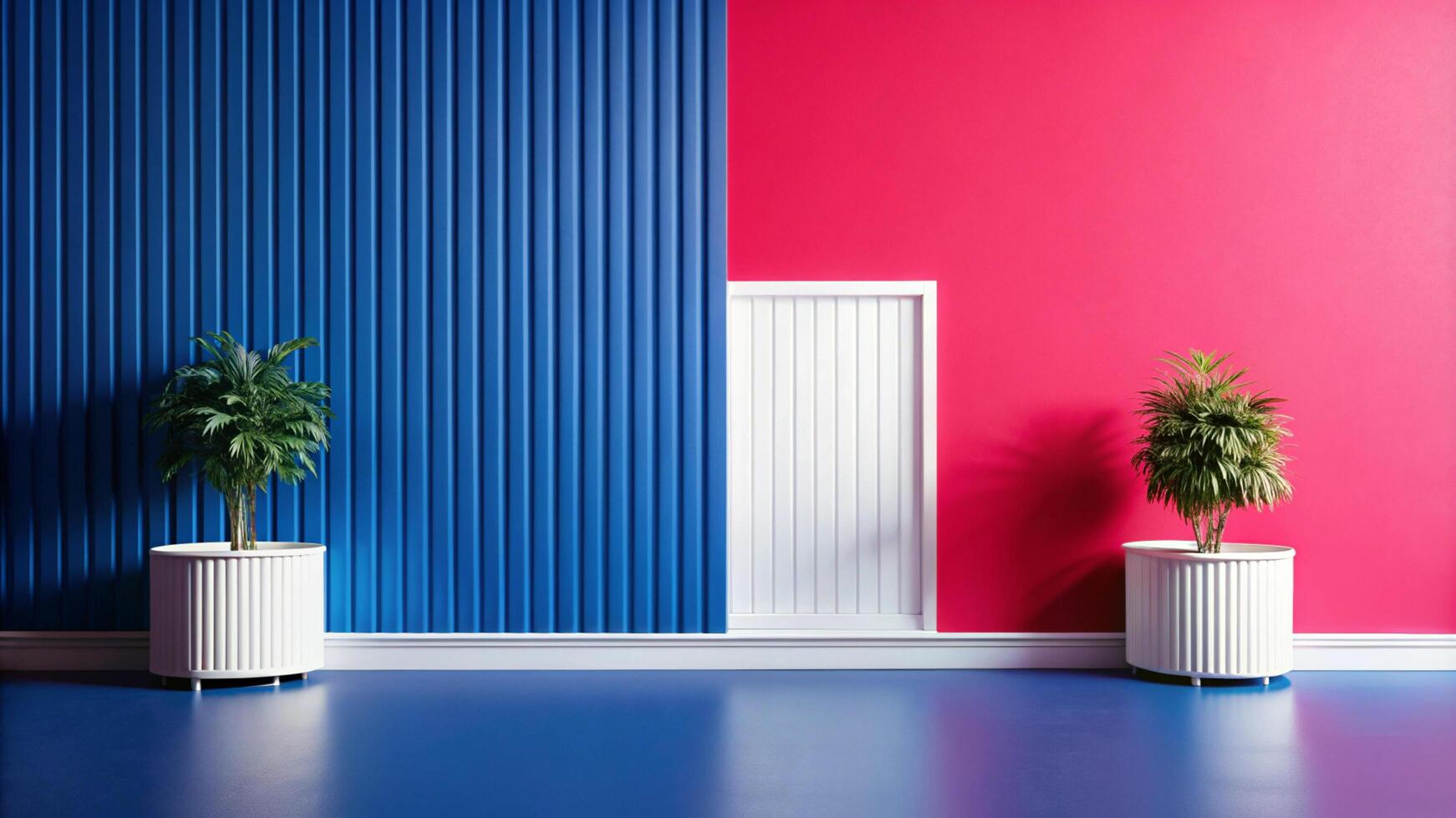 Two potted plants sit on a blue and pink wall photo