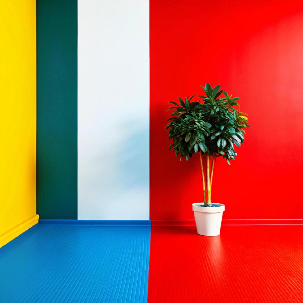 A room with a plant in a pot on a red, yellow and blue wall photo