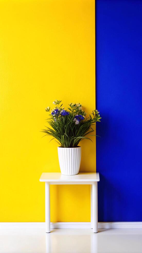 A yellow and blue wall with a white potted plant photo