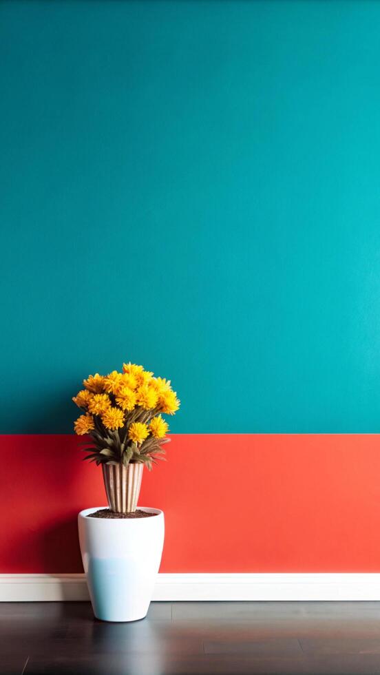 A flower pot in front of a blue wall photo