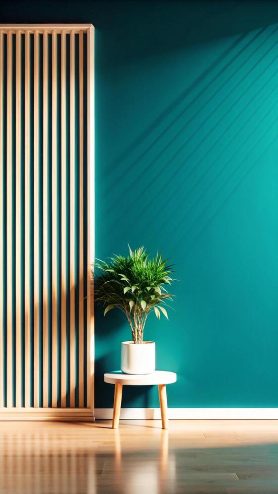 A room with a wooden table and a plant on it photo