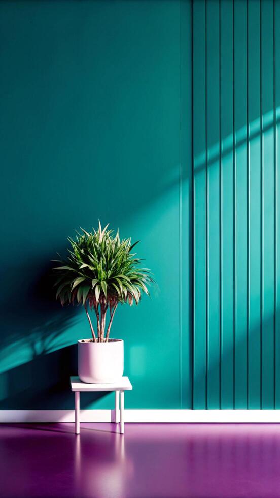 A plant in a pot on a table in front of a blue wall photo