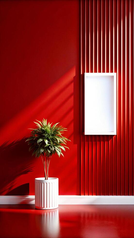 A red wall with a plant in a pot photo