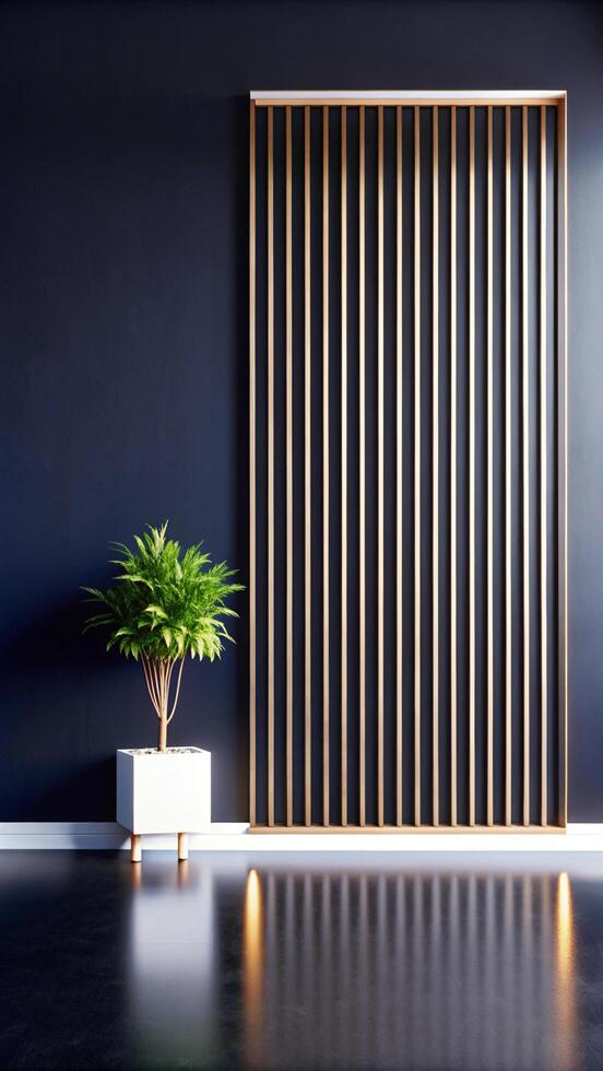 A modern room with a wooden wall and a potted plant photo