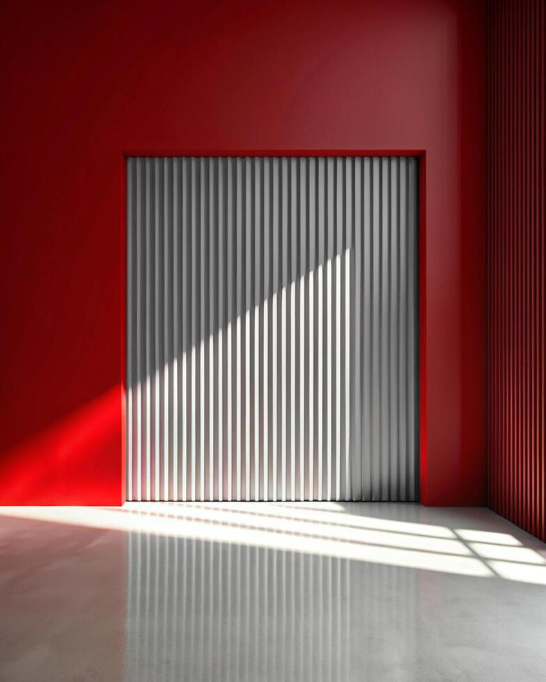 A red room with a metal door and a window photo