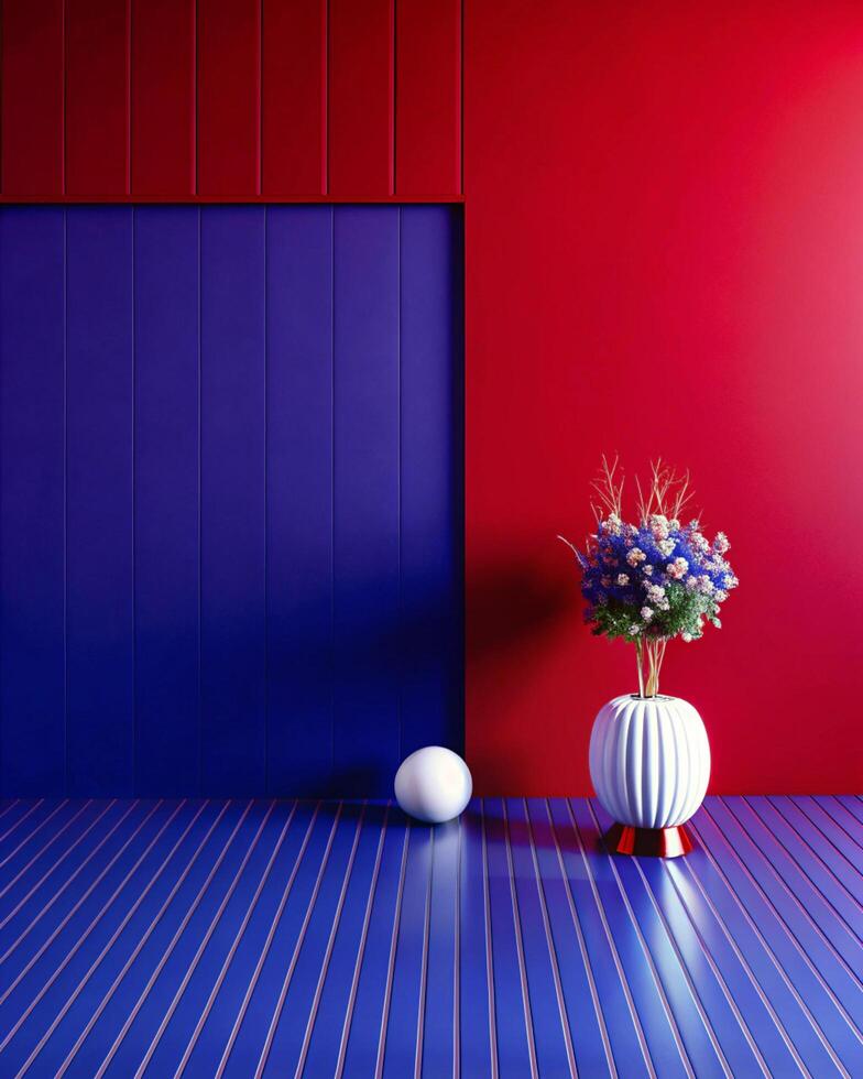 A vase with flowers sitting on a blue and red floor photo