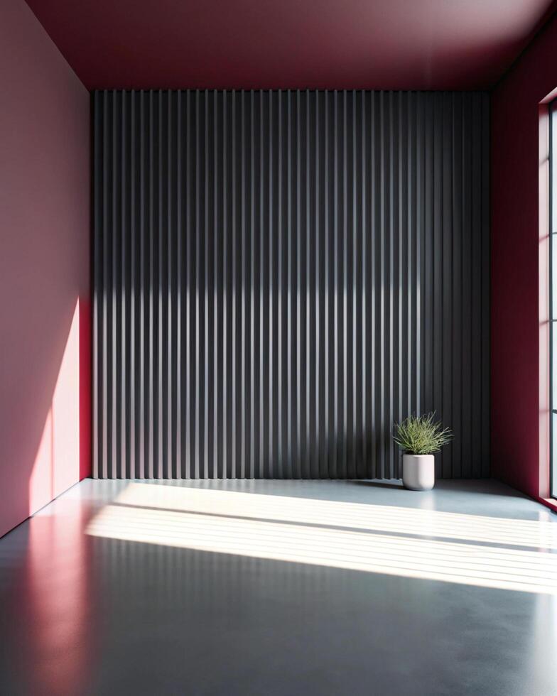 A room with red walls and a plant on the floor photo