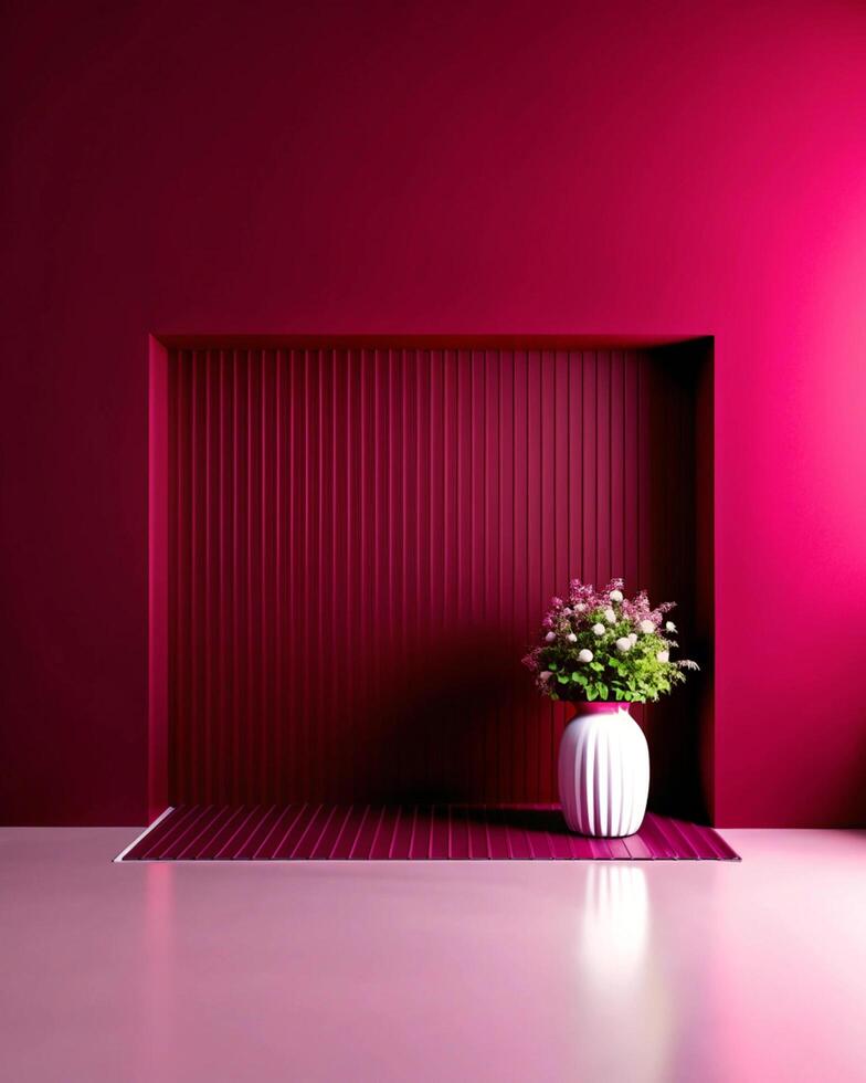 A vase with flowers in a room with a red wall photo
