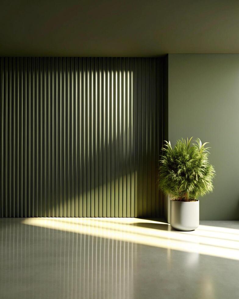 Green wall with a potted plant in front of it photo