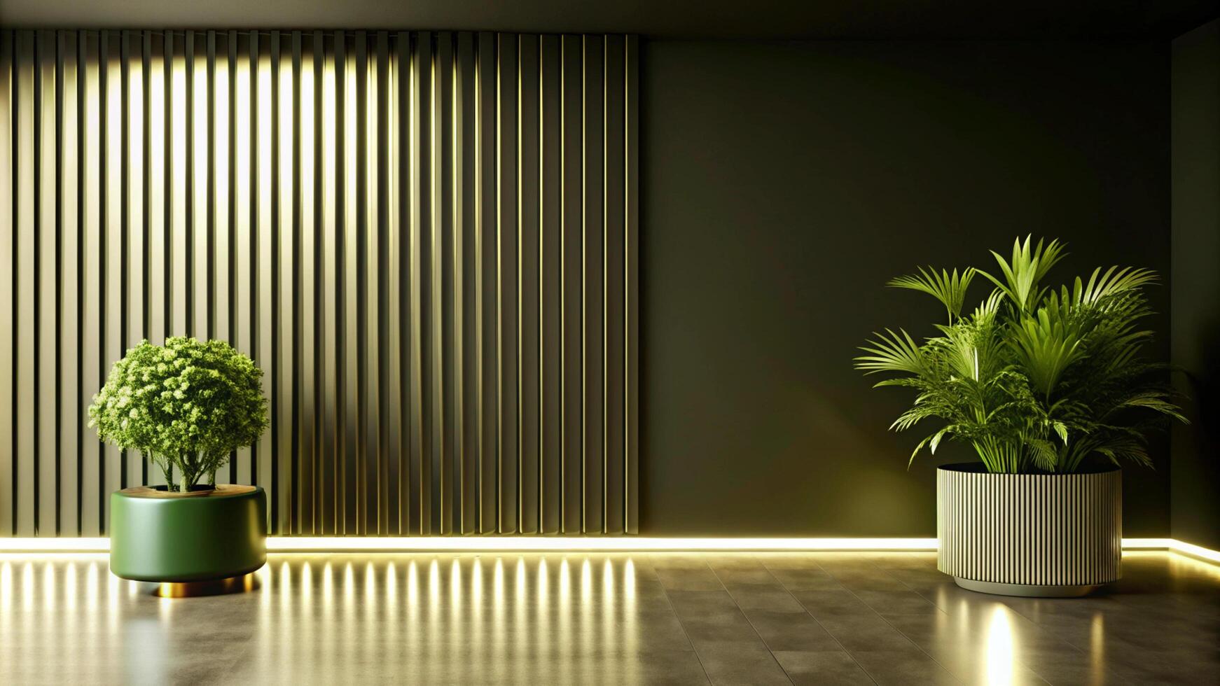 Modern interior with green plants and wooden wall photo