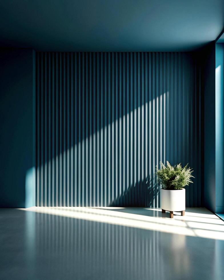 A room with blue walls and a potted plant photo