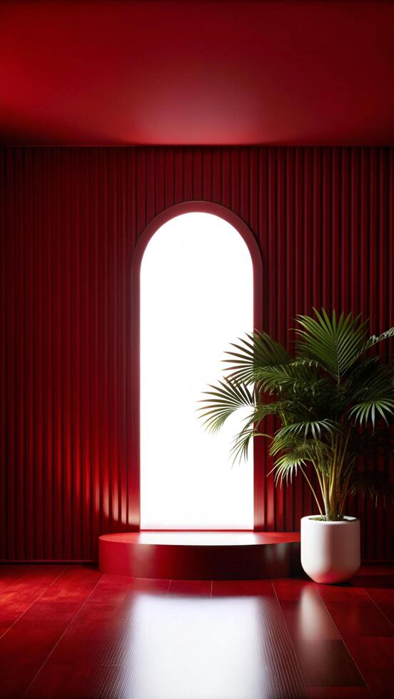 Red room with a window and a plant in a pot photo
