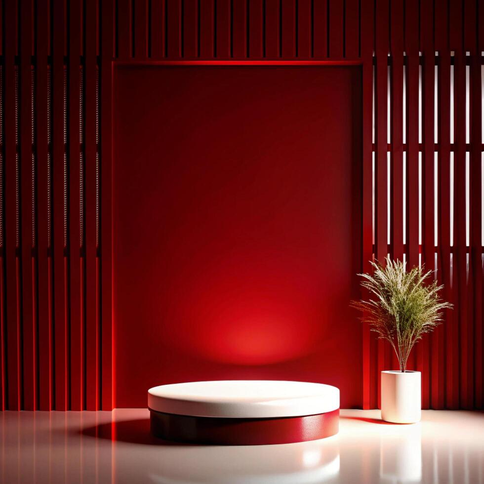 Red interior with a white pedestal and a plant photo