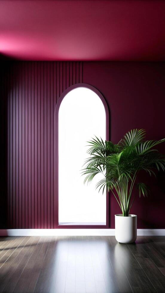 A room with a large window and a plant in a pot photo