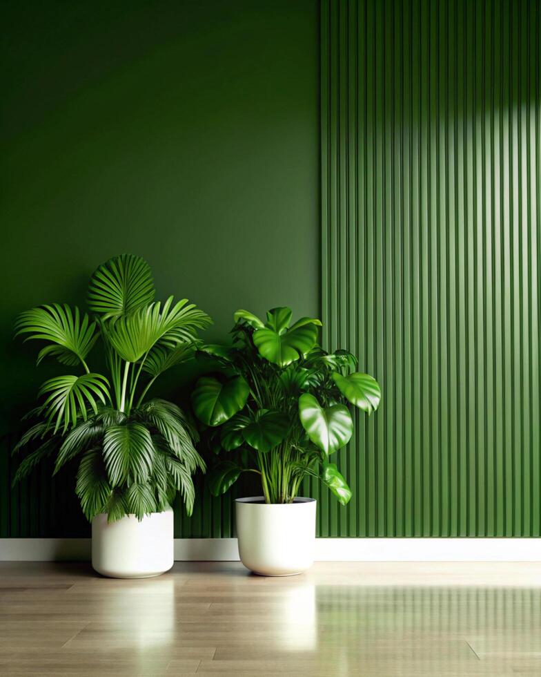 Green wall with two potted plants in front of it photo