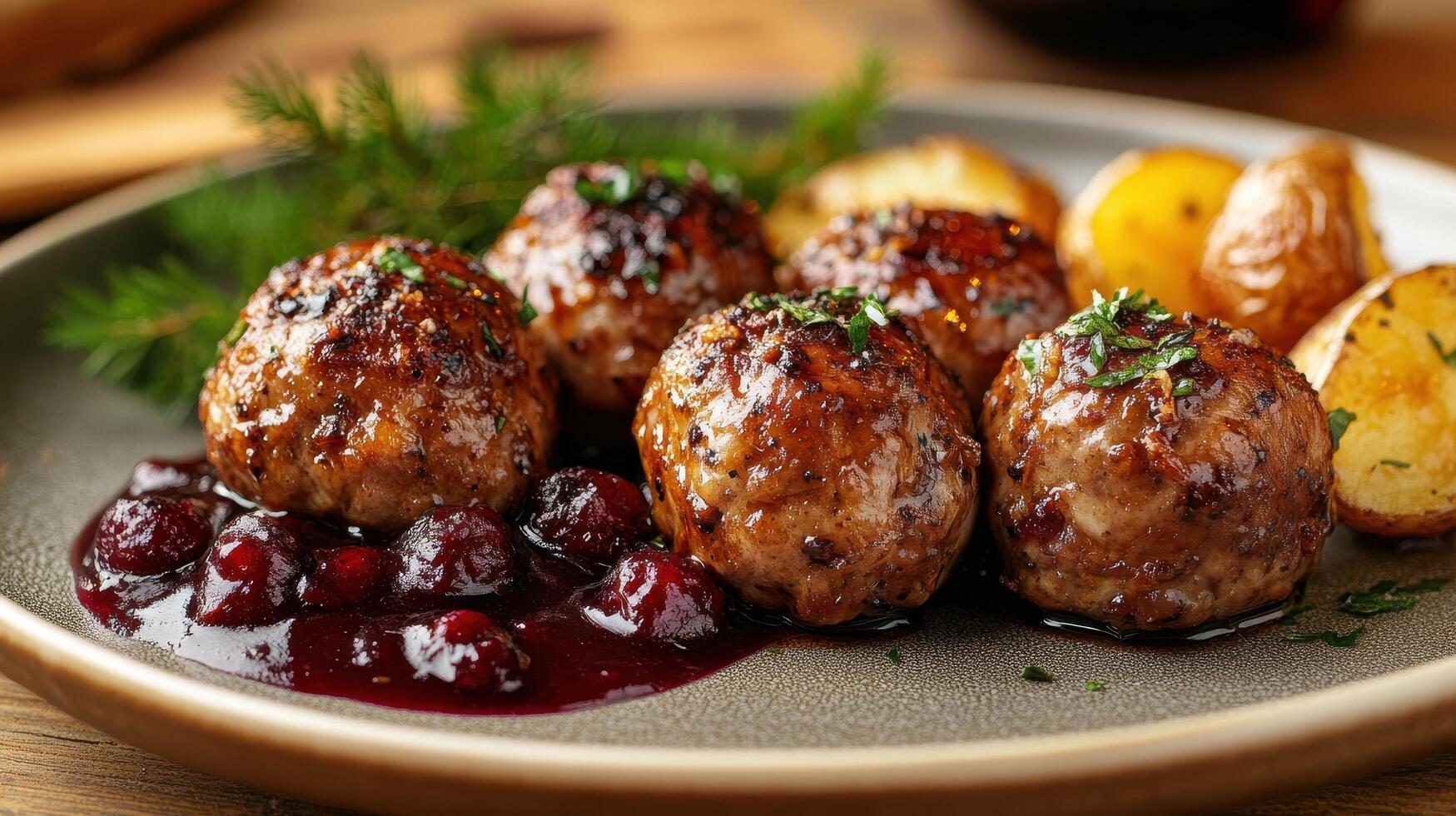 Gourmet Presentation of Kottbullar with Glistening Cranberry Sauce on a Rustic Serving Plate photo