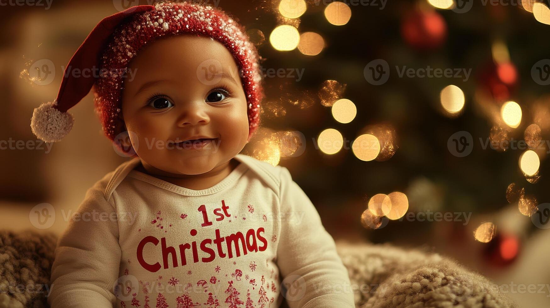 Joyful Baby s First Christmas in Festive Onesie and Sparkling Lights photo