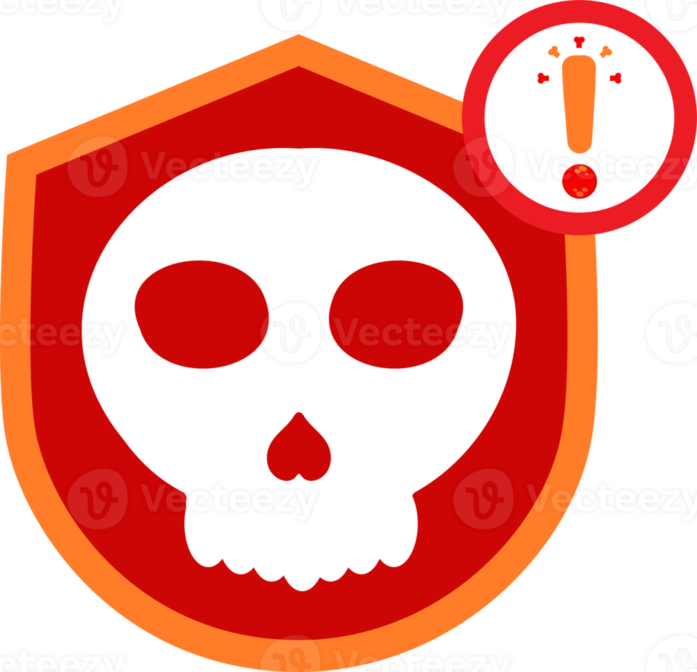 a skull and warning on a red shield png