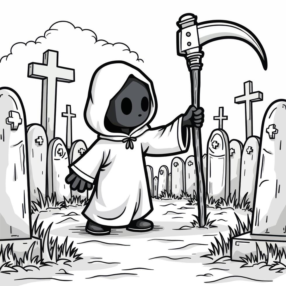 A cartoon grim reaper holding a scythe in a graveyard vector