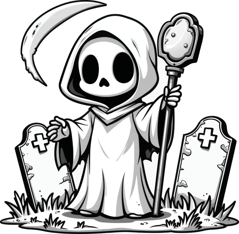 Cartoon grim reaper with scythe and grave vector