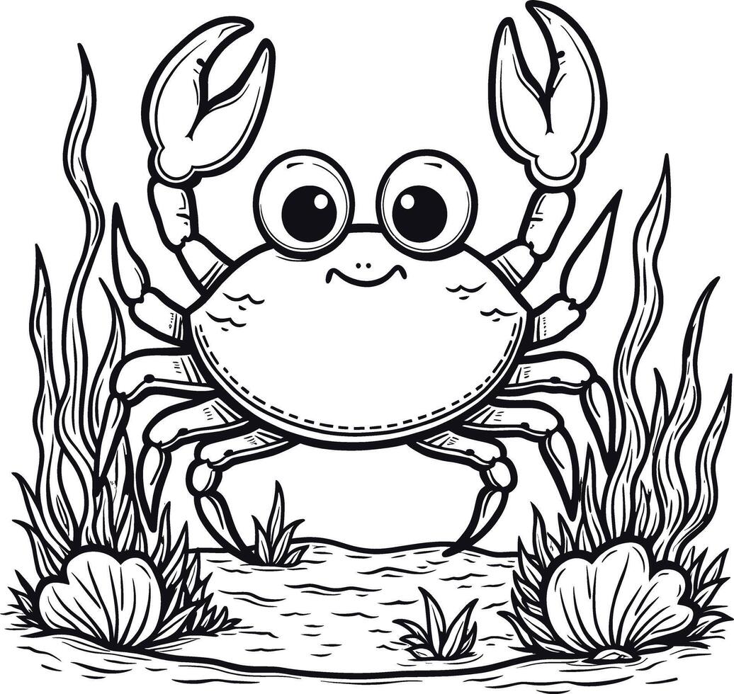 A coloring page with a crab in the ocean vector