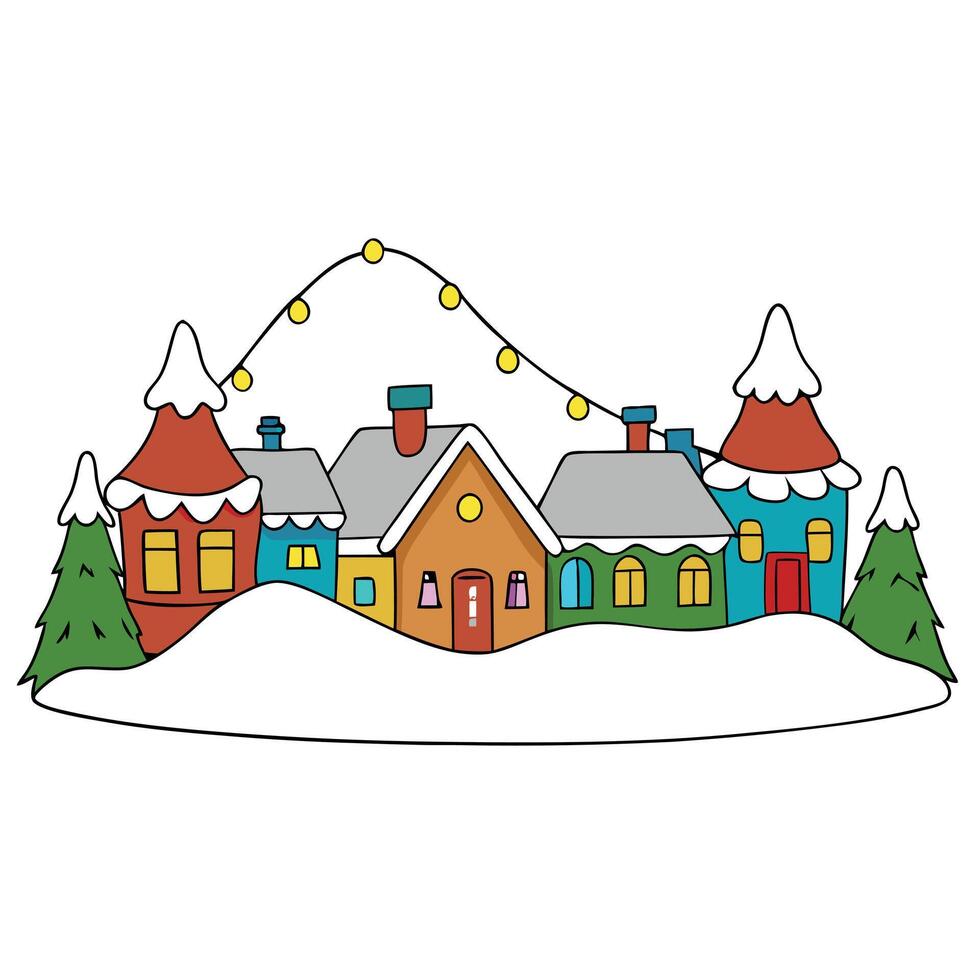 A cosy warm village into a snowy landscape with christmas lights - Christmas winter theme - vector