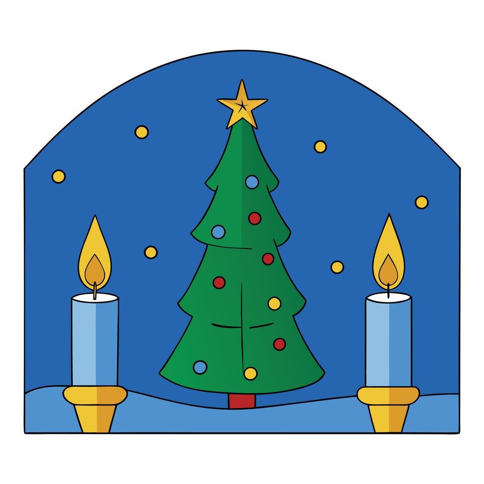A christmas tree with two lit candles in front of a blue wall with a gold - embossed design. vector