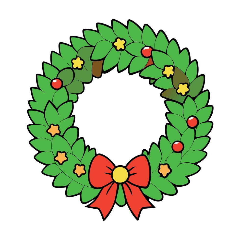 A festive christmas wreath made of green pine branches. red berries and pine cones hanging on a door vector