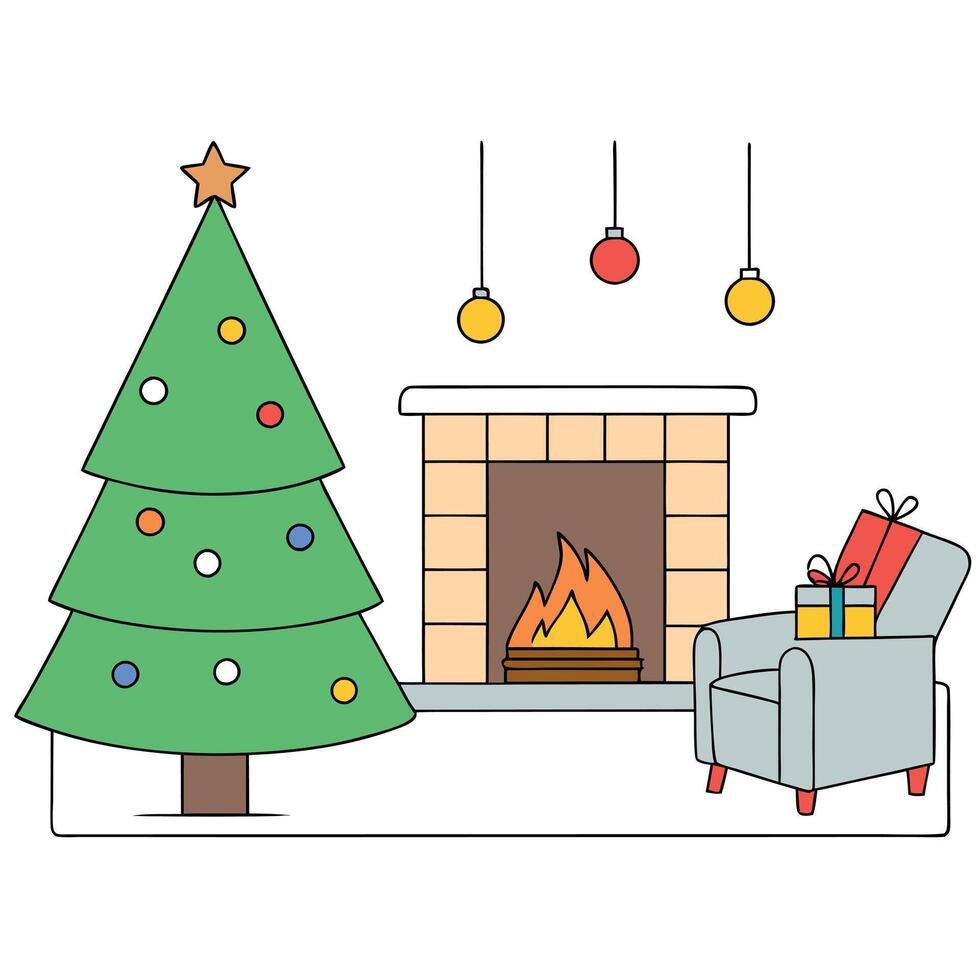 Modern neutral living room with fireplace and aesthetic christmas tree with lights for the holidays vector