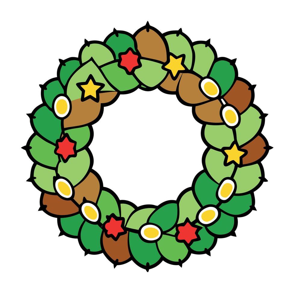 A christmas wreath with lights and pine cones on a black background. vector