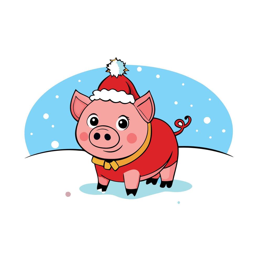 A cute piggy bank in a snowy winter scene. all dressed up for Christmas vector