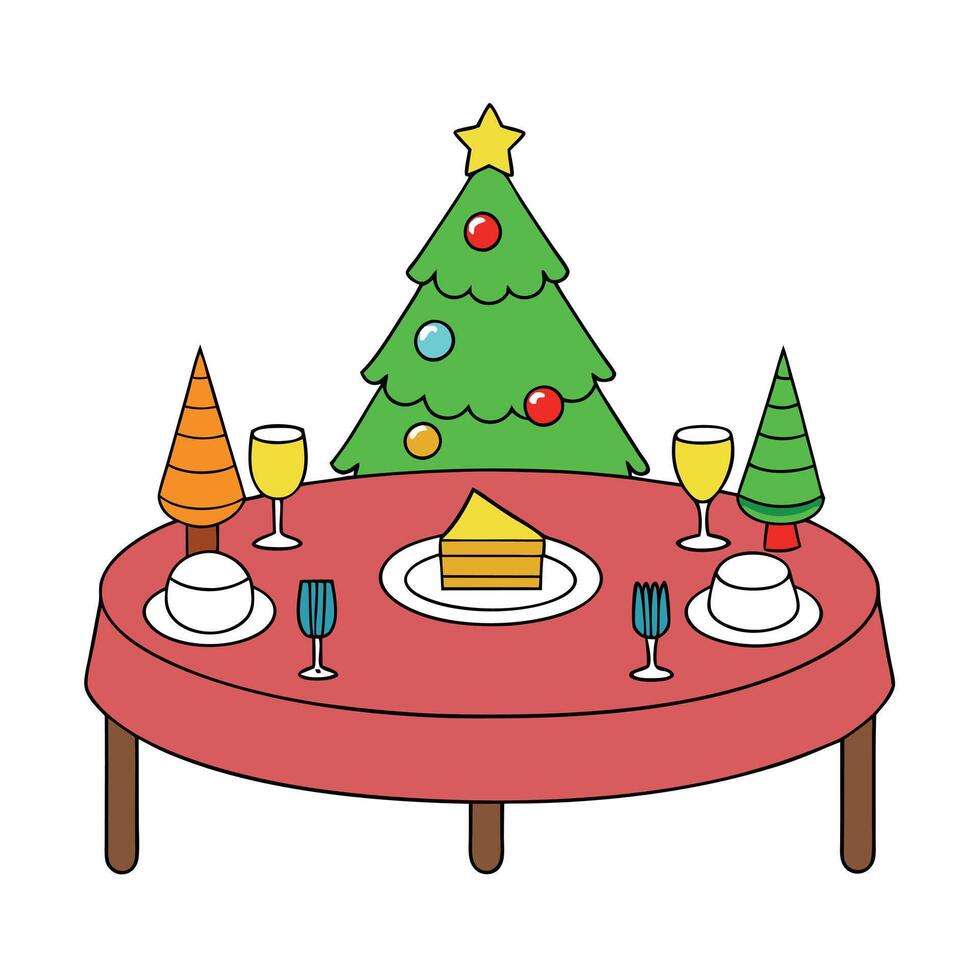 Christmas dinner table with Christmas tree on backgorund vector