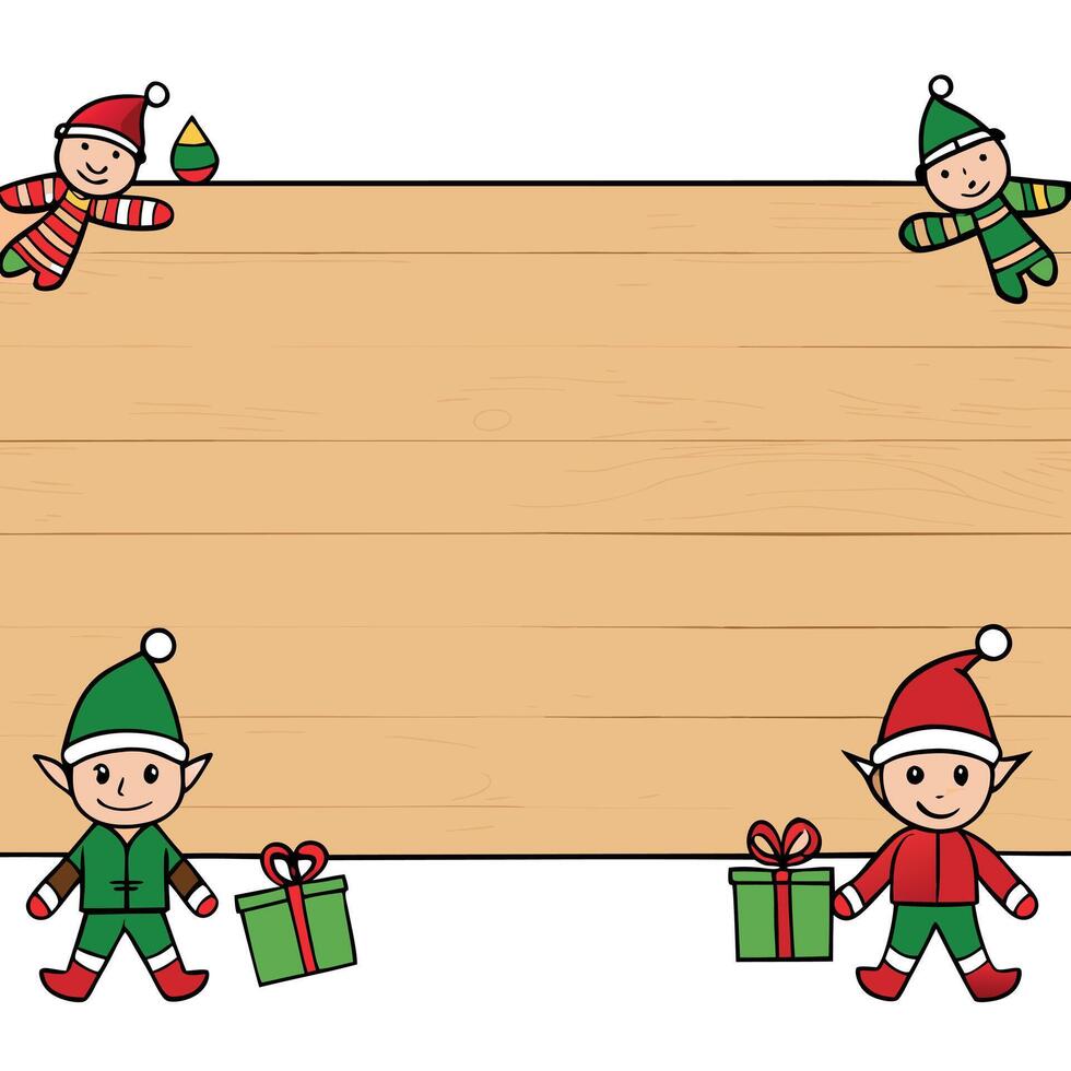 Christmas elves clothing and dolls arranged on a wooden background. empty space around them vector