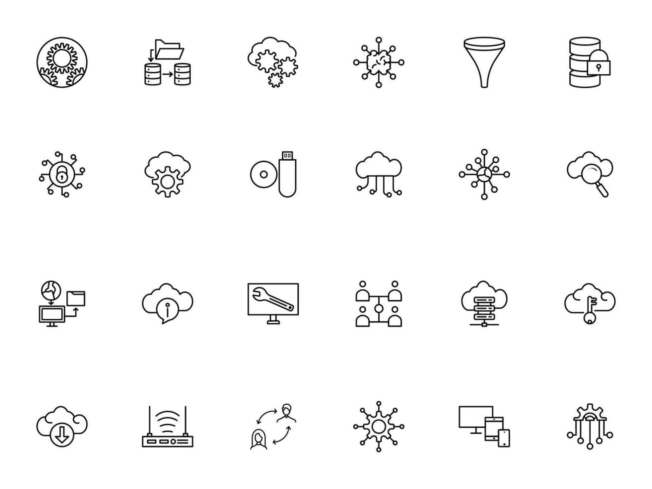 NETWORK AND CLOUD COMPUTING ICON DESIGN SET ART LINE STROKE BLACK COLOR vector