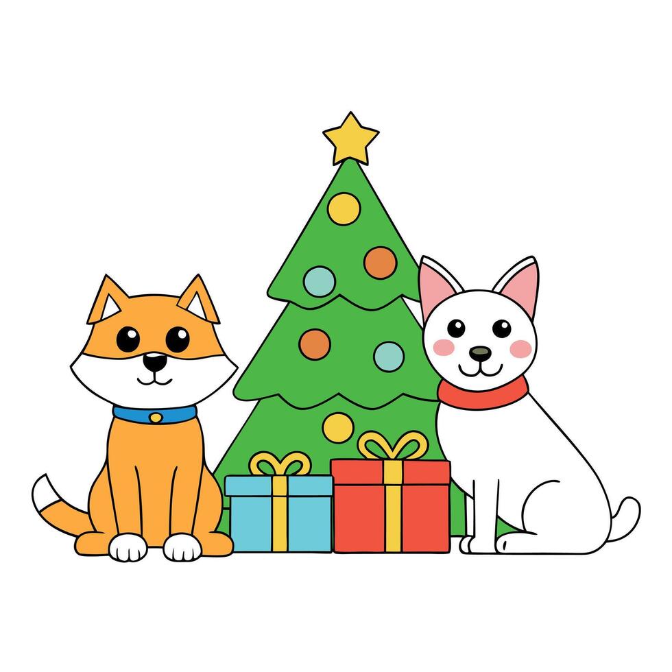 Cute dog and cat together near christmas tree and gifts vector