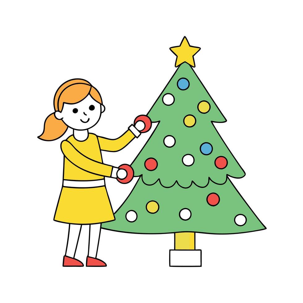 A young girl helps to decorate a christmas tree with festive decorations vector