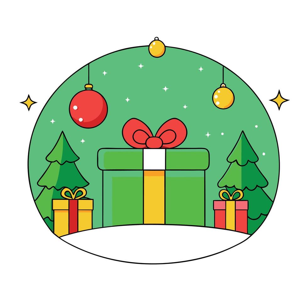 A green christmas background with a gift box and ornaments. vector