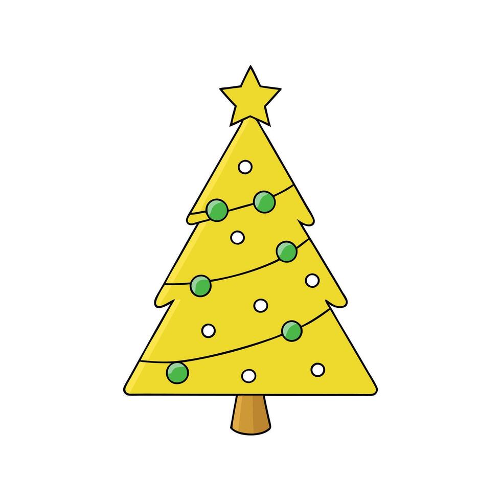 A yellow christmas tree with ornaments on a yellow background with a star on top. vector