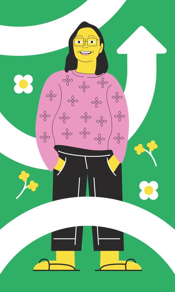 A Woman in Stylish Pink and Black Outfit Standing Beside a Large Upward Arrow Symbolizing Growth, Success, and Progression in Career or Personal Development, Inspiring Positive Change and Motivation vector