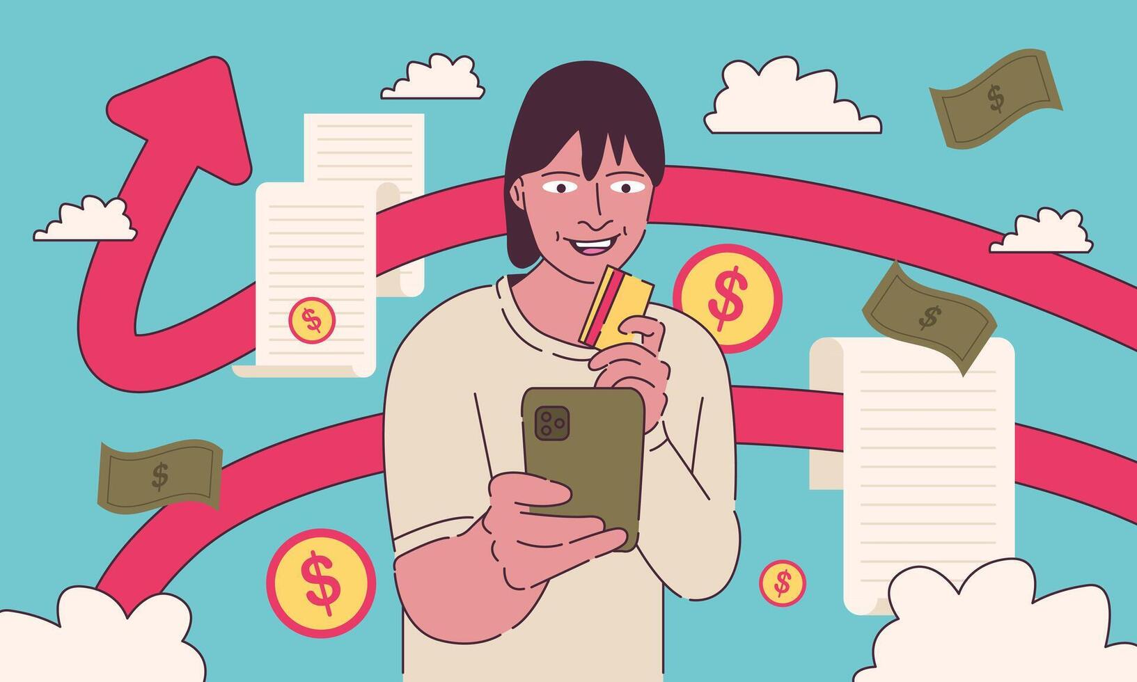 Illustration of a Man Earning Money Easily Using a Smartphone in the Digital Era, Showing Simple and Effective Online Earning Methods Through Modern Apps for Quick Financial Gains and Remote Income vector