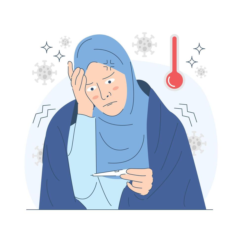 Sick Muslim Woman in Hijab With Cold and Fever Symptoms. Tired Expression, Coughing, and Wearing Winter Clothes, Highlighting Seasonal Illness and Health Conditions for Medical and Health vector
