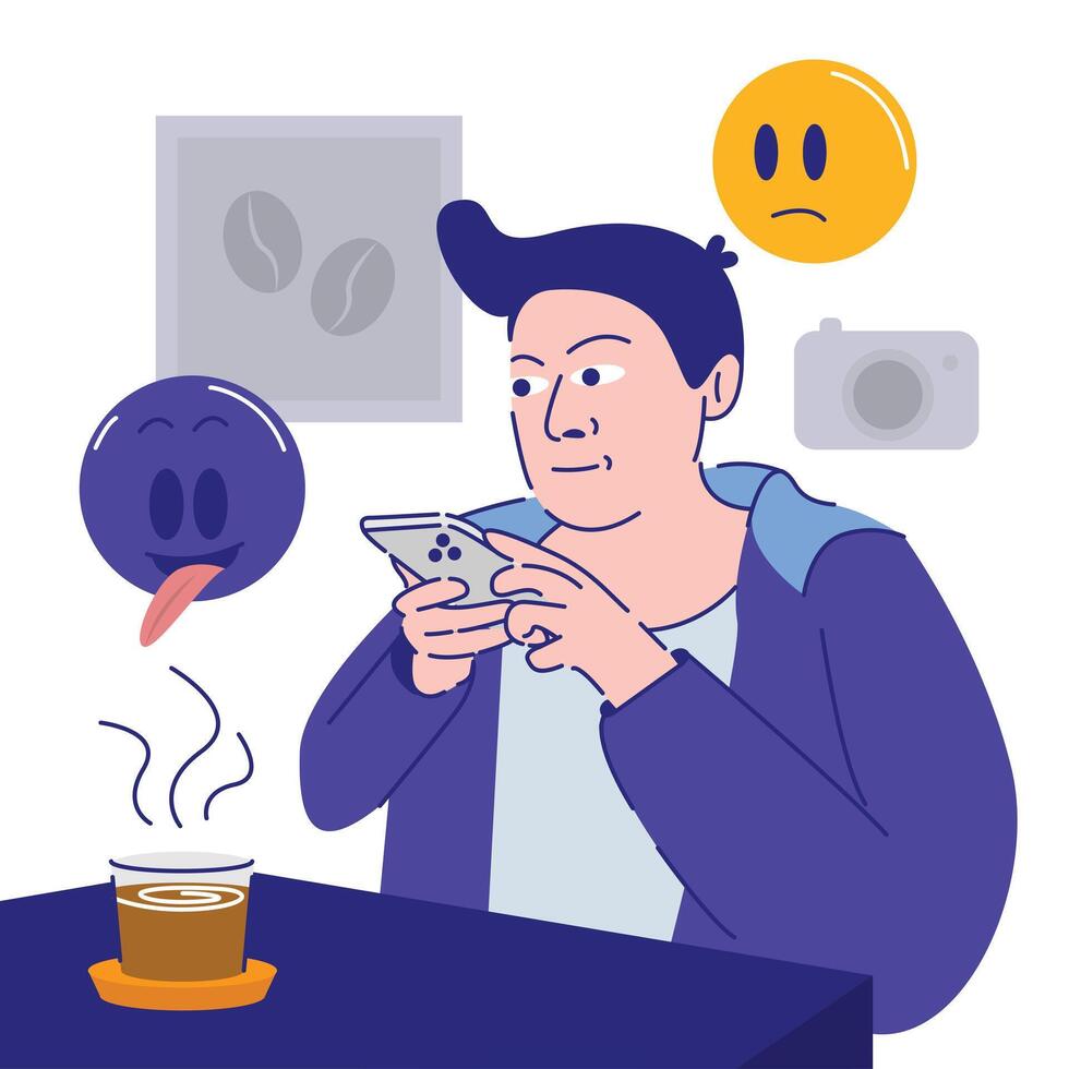 Young Man Taking a Photo of Iced Coffee Drink for Social Media Sharing Using Smartphone in Cozy Cafe. Perfect Image for Coffee Lovers, Influencers, and Social Media Content Creation vector