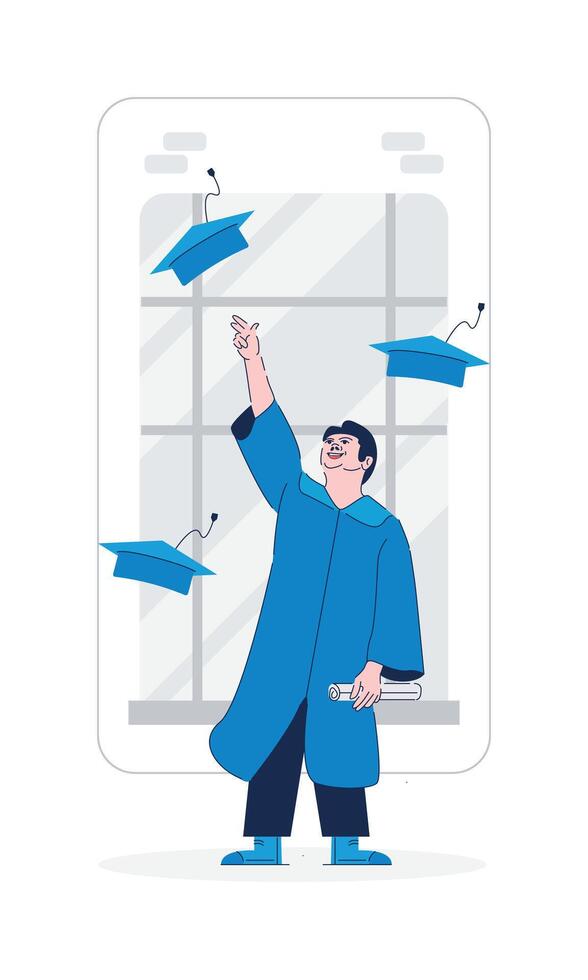 A Man in a Graduation Gown Joyfully Throws His Cap into the Air to Celebrate Graduation Day. Excited Graduate in Traditional Academic Attire Enjoys His Achievement in an Outdoor Ceremony vector