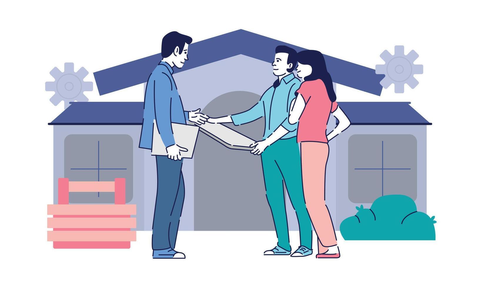 Real Estate Agent Discussing Property Options With Potential Buyer. Professional Interaction in Vibrant, Eye Catching Illustration for Real Estate Marketing and Business Collaboration vector