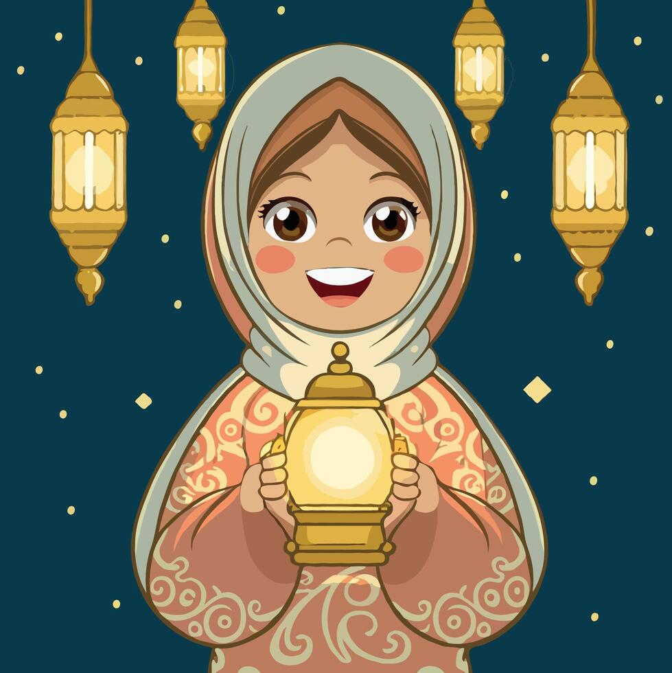 Cute Muslim girl holding lantern cartoon icon illustration vector