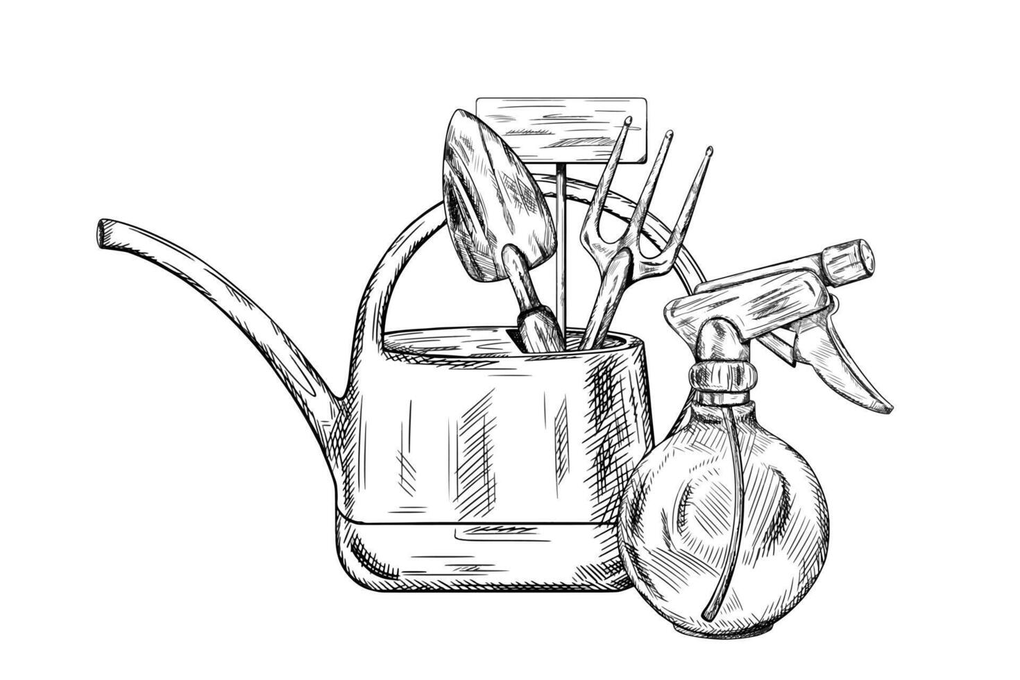 illustration of working tools, watering can, rake, shovel, spray. Tools for landscaping garden and house territory. Growing plants and flowers. Isolated illustration in black ink graphically vector